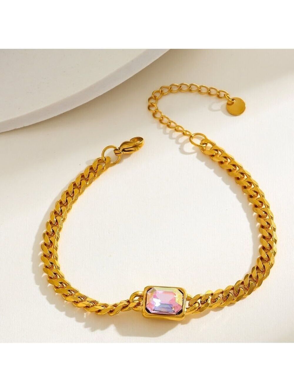 18K Gold Plated  Irisdescent Resin Crystal Chain Bracelet, Stainless Steel